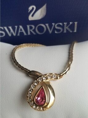 AUTHENTIC Swarovski 24k Gold Plated Pink Teardrop Necklace RARE
